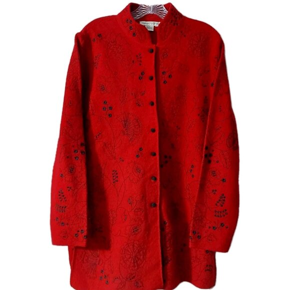 Cambridge Dry Goods Cardigan Size Medium Red Floral Wool Women’s Length 32" - Picture 2 of 8